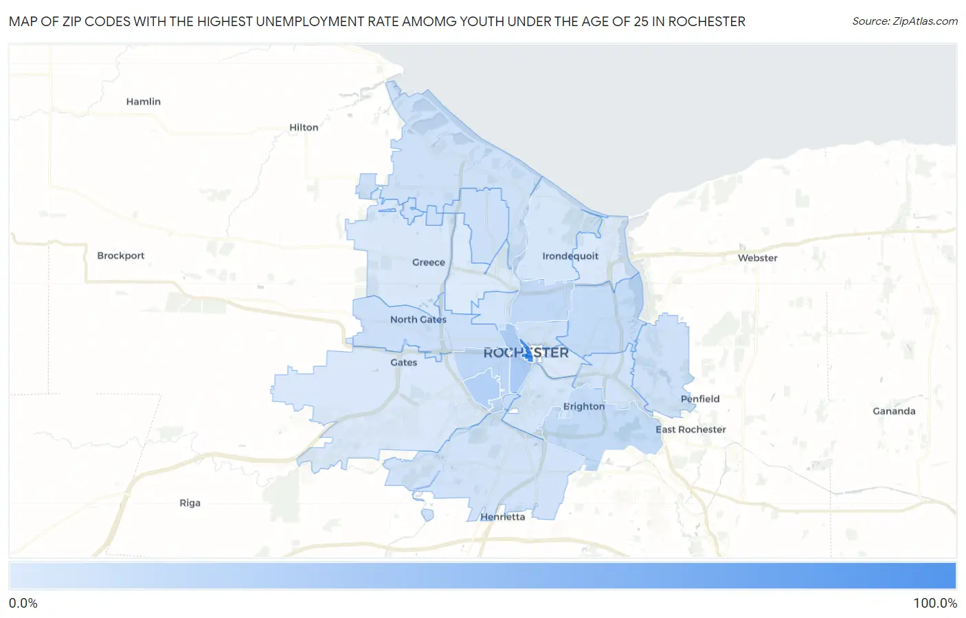 Zip Codes with the Highest Unemployment Rate Amomg Youth Under the Age of 25 in Rochester Map