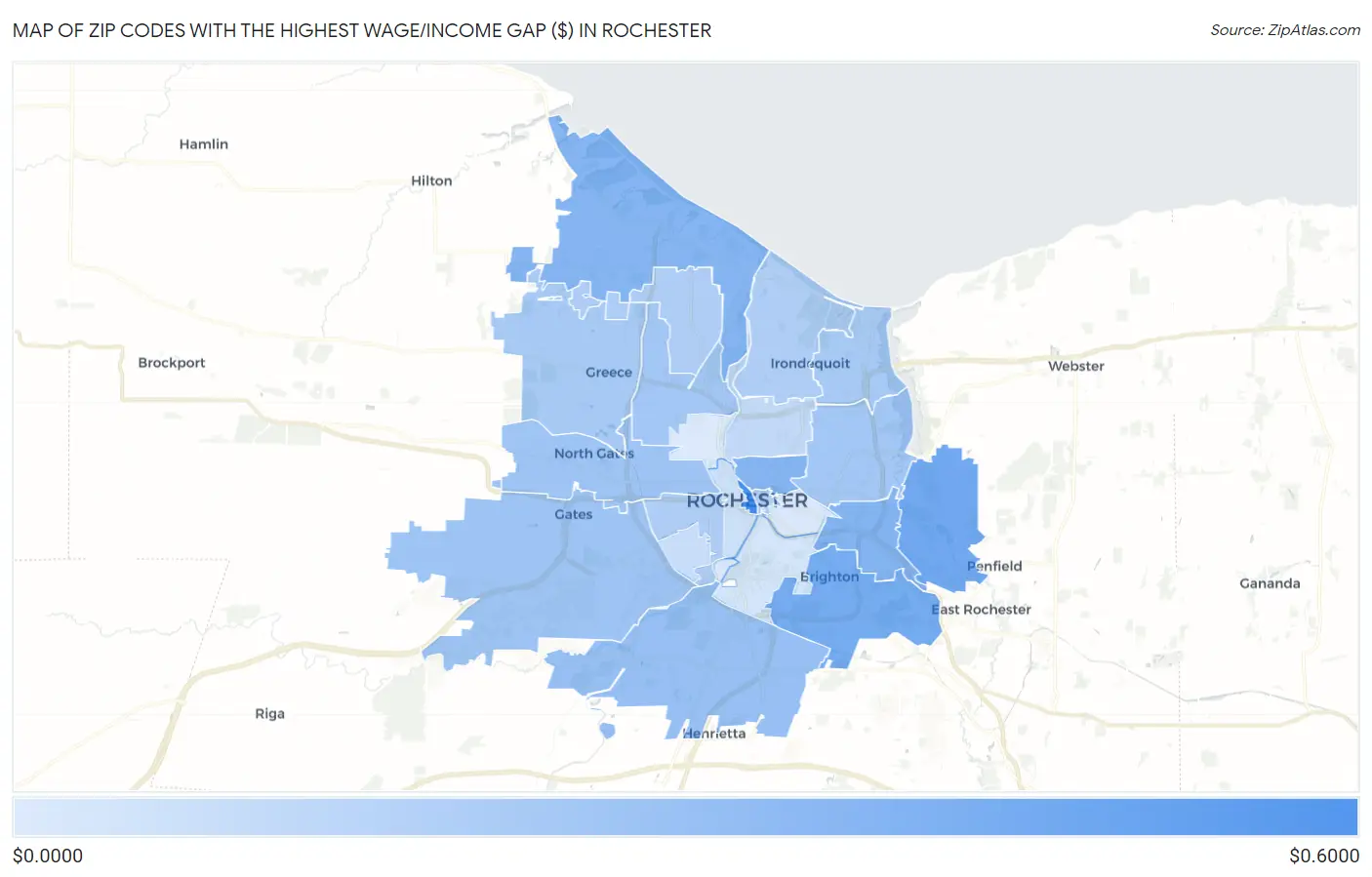 Zip Codes with the Highest Wage/Income Gap ($) in Rochester Map