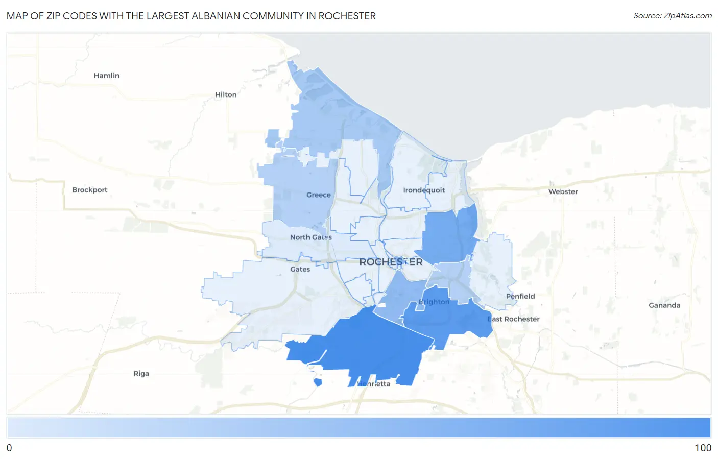Zip Codes with the Largest Albanian Community in Rochester Map