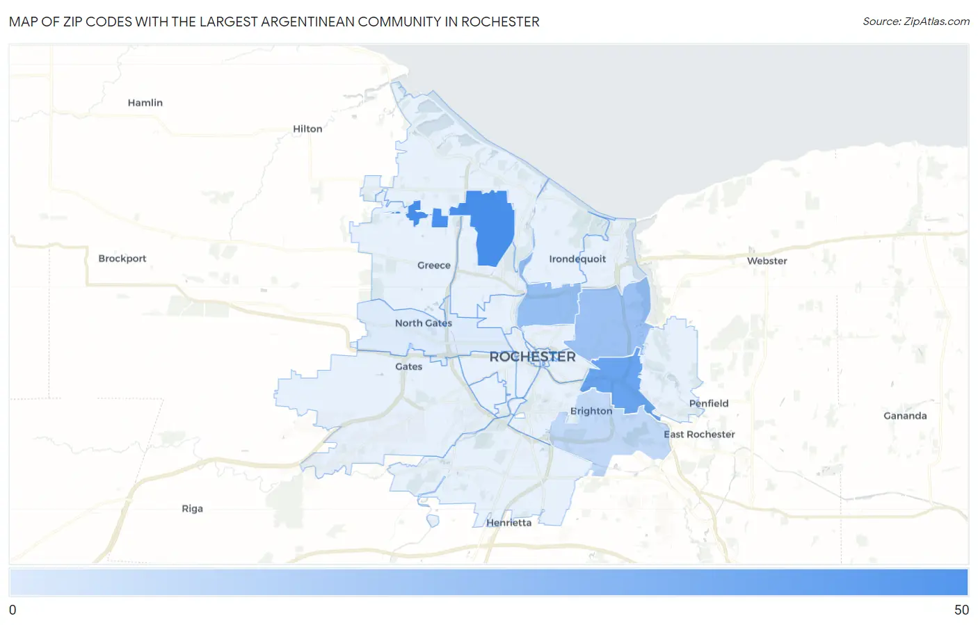 Zip Codes with the Largest Argentinean Community in Rochester Map