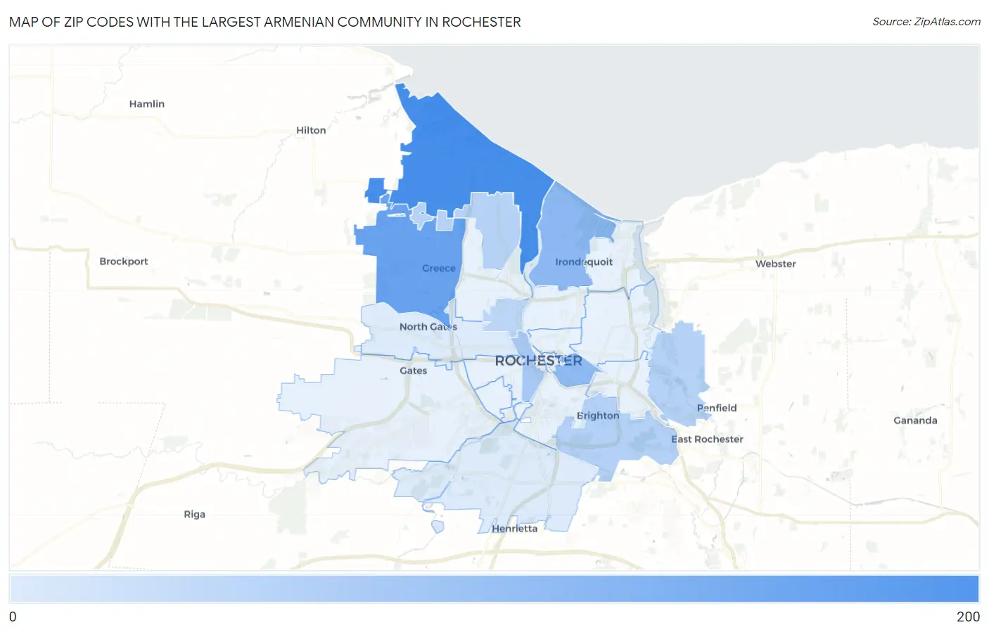 Zip Codes with the Largest Armenian Community in Rochester Map