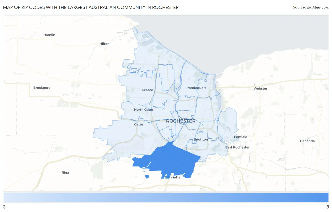 Zip Codes with the Largest Australian Community in Rochester Map