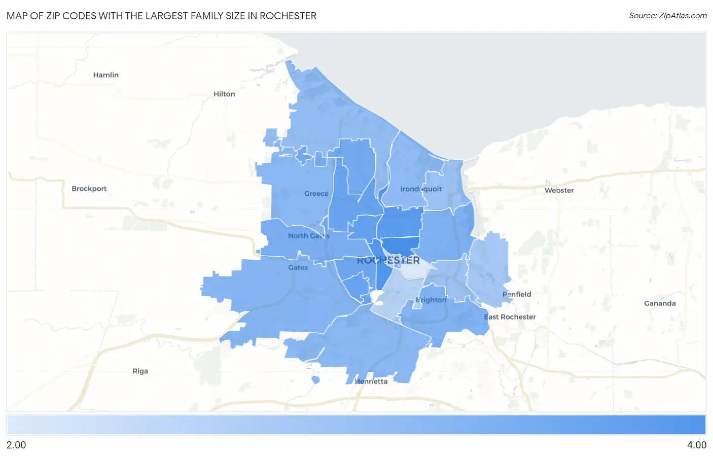 Zip Codes with the Largest Family Size in Rochester Map