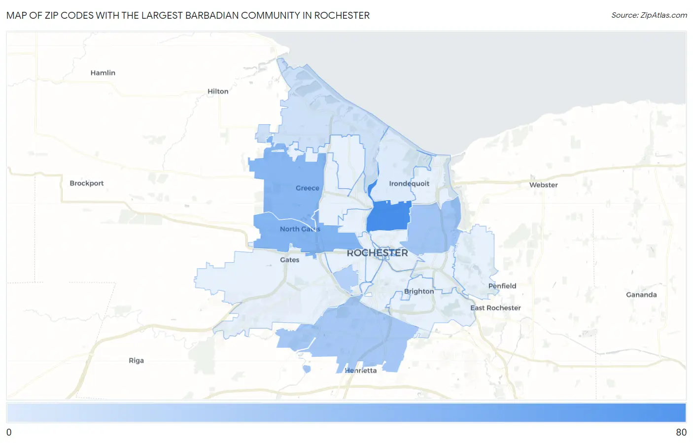 Zip Codes with the Largest Barbadian Community in Rochester Map