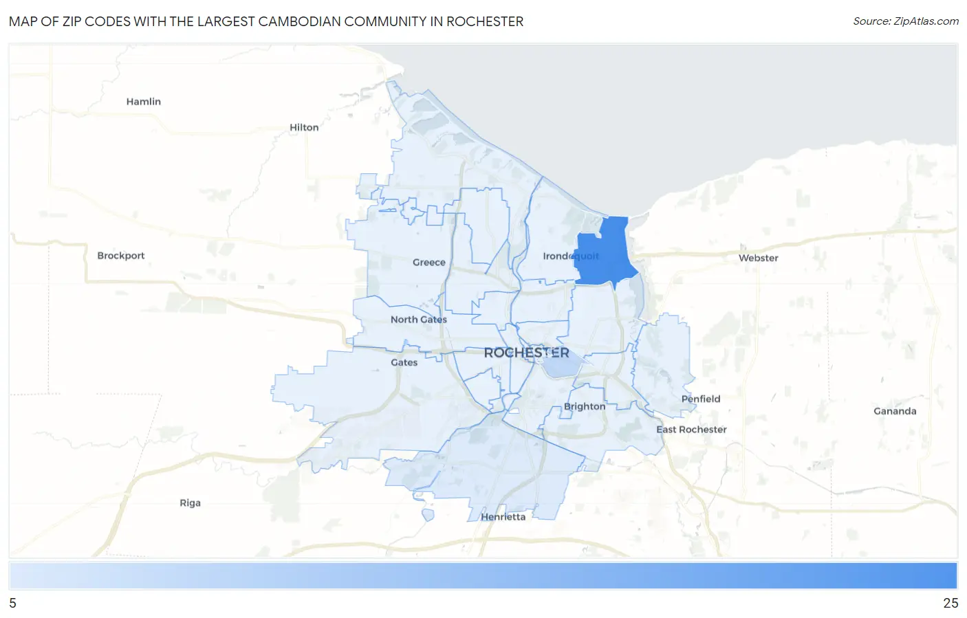 Zip Codes with the Largest Cambodian Community in Rochester Map