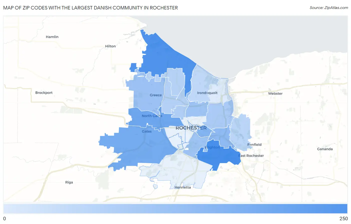 Zip Codes with the Largest Danish Community in Rochester Map