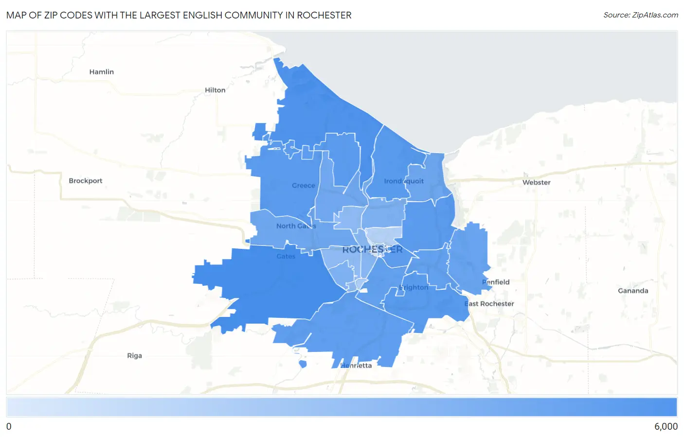 Zip Codes with the Largest English Community in Rochester Map