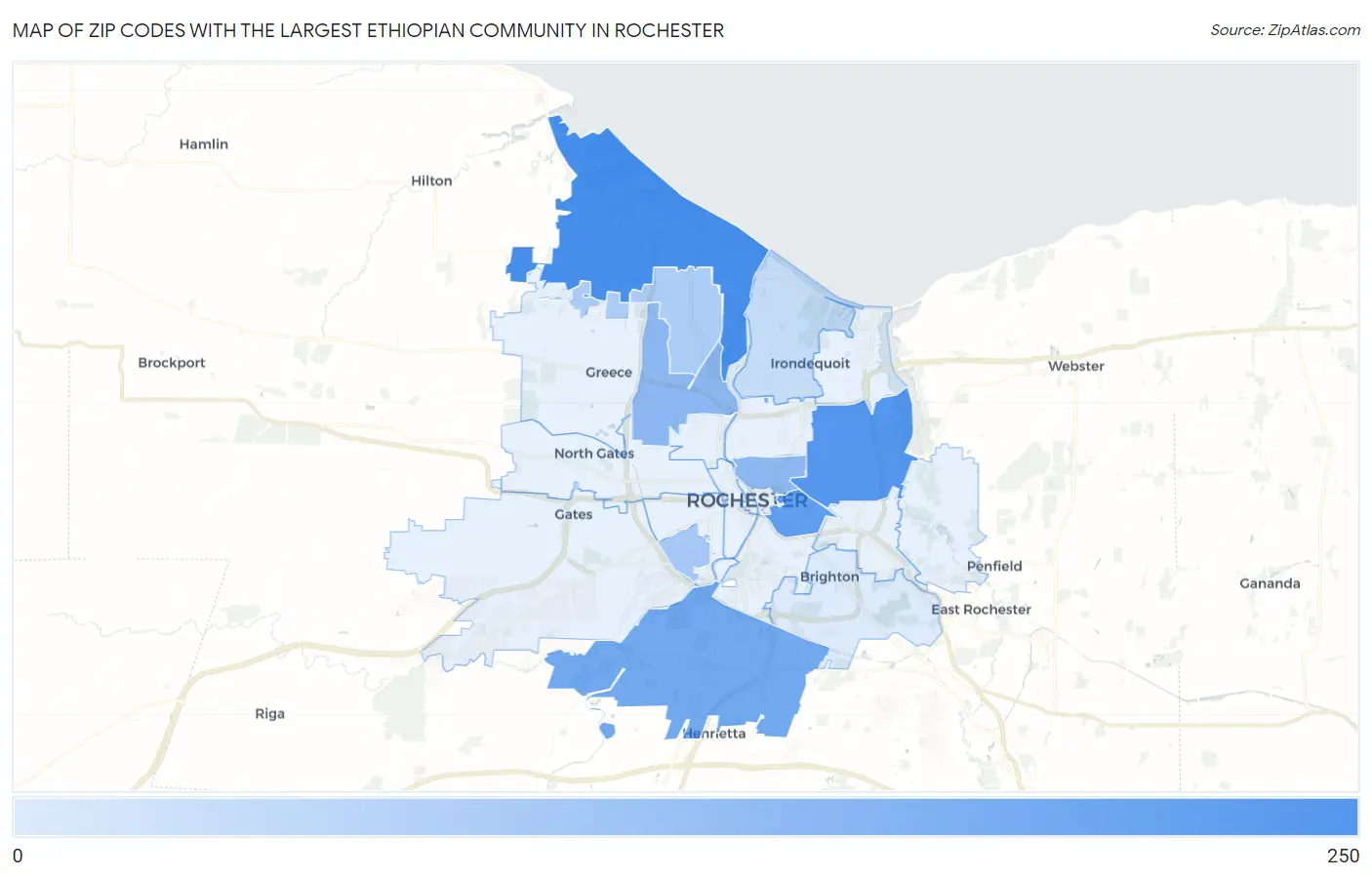 Zip Codes with the Largest Ethiopian Community in Rochester Map