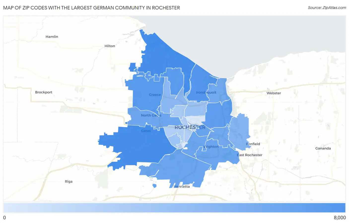 Zip Codes with the Largest German Community in Rochester Map