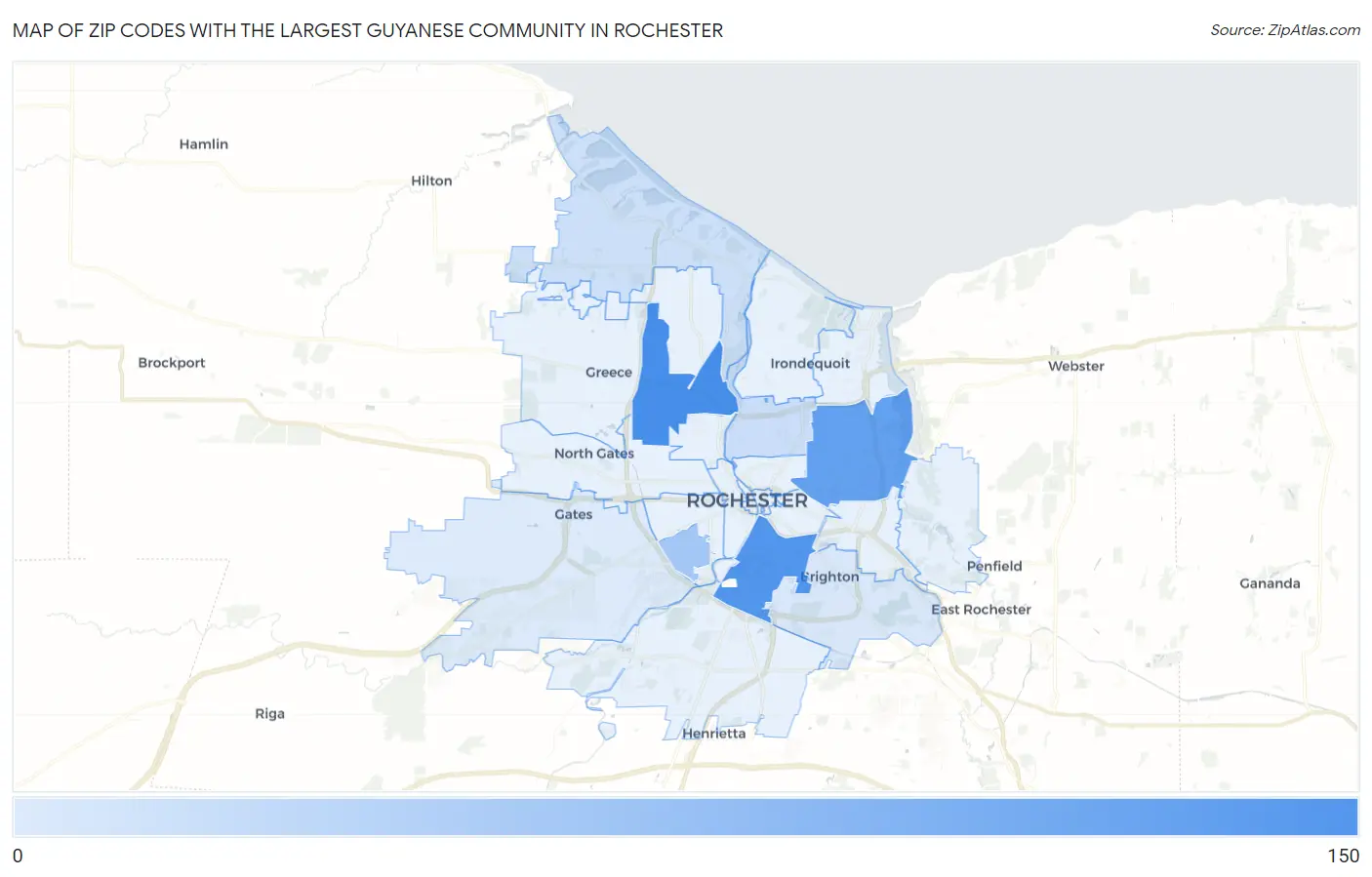 Zip Codes with the Largest Guyanese Community in Rochester Map