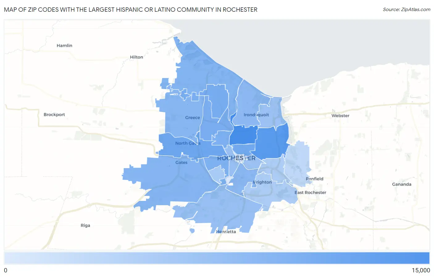 Zip Codes with the Largest Hispanic or Latino Community in Rochester Map