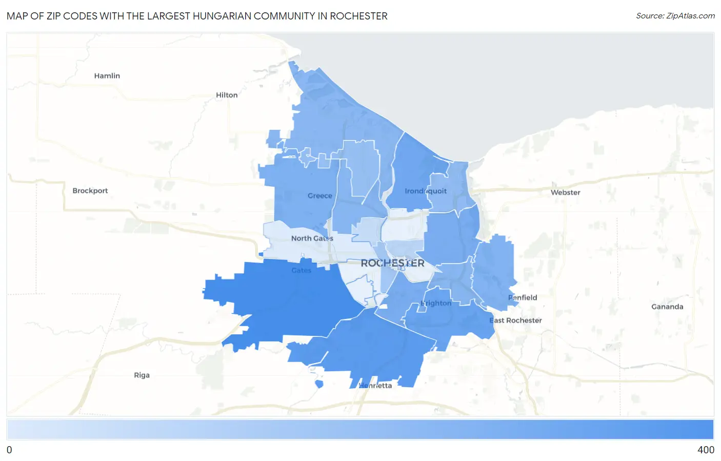 Zip Codes with the Largest Hungarian Community in Rochester Map