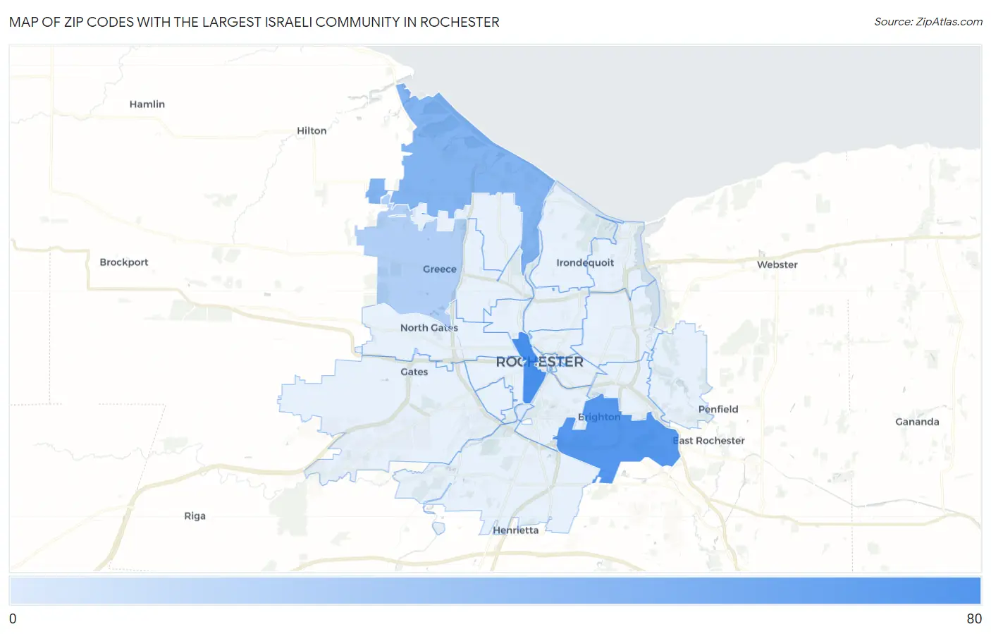 Zip Codes with the Largest Israeli Community in Rochester Map