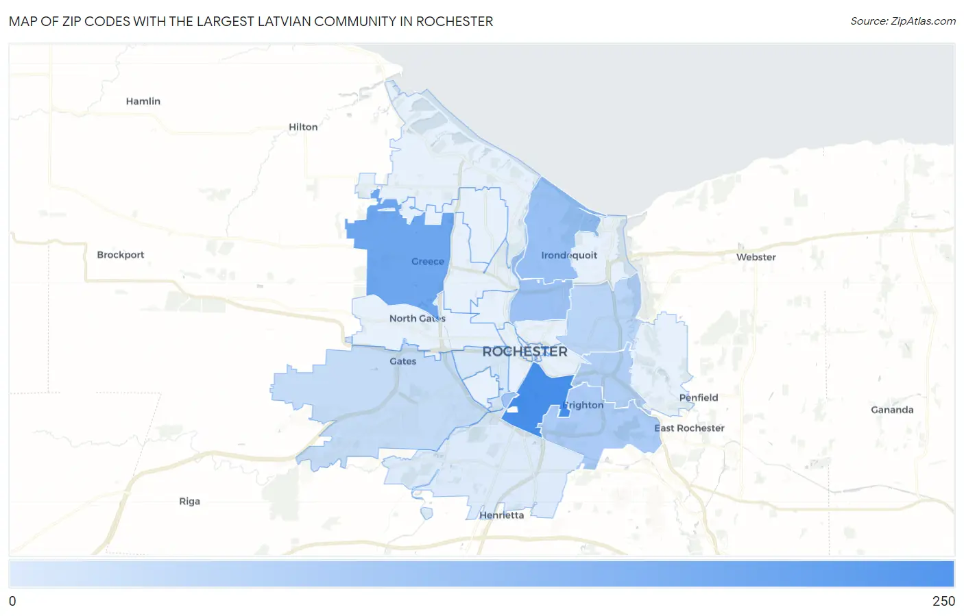 Zip Codes with the Largest Latvian Community in Rochester Map