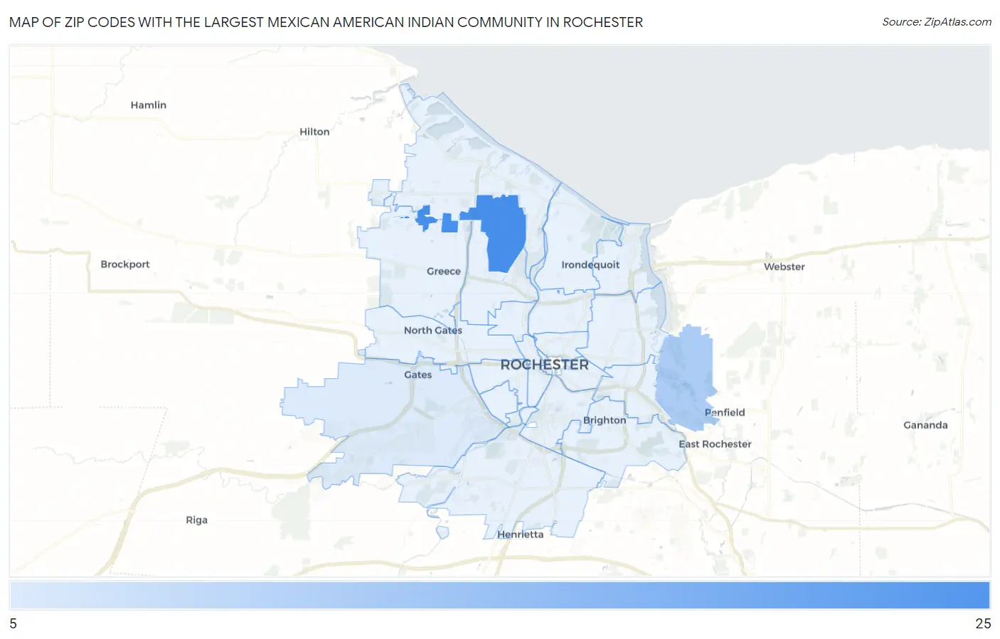 Zip Codes with the Largest Mexican American Indian Community in Rochester Map