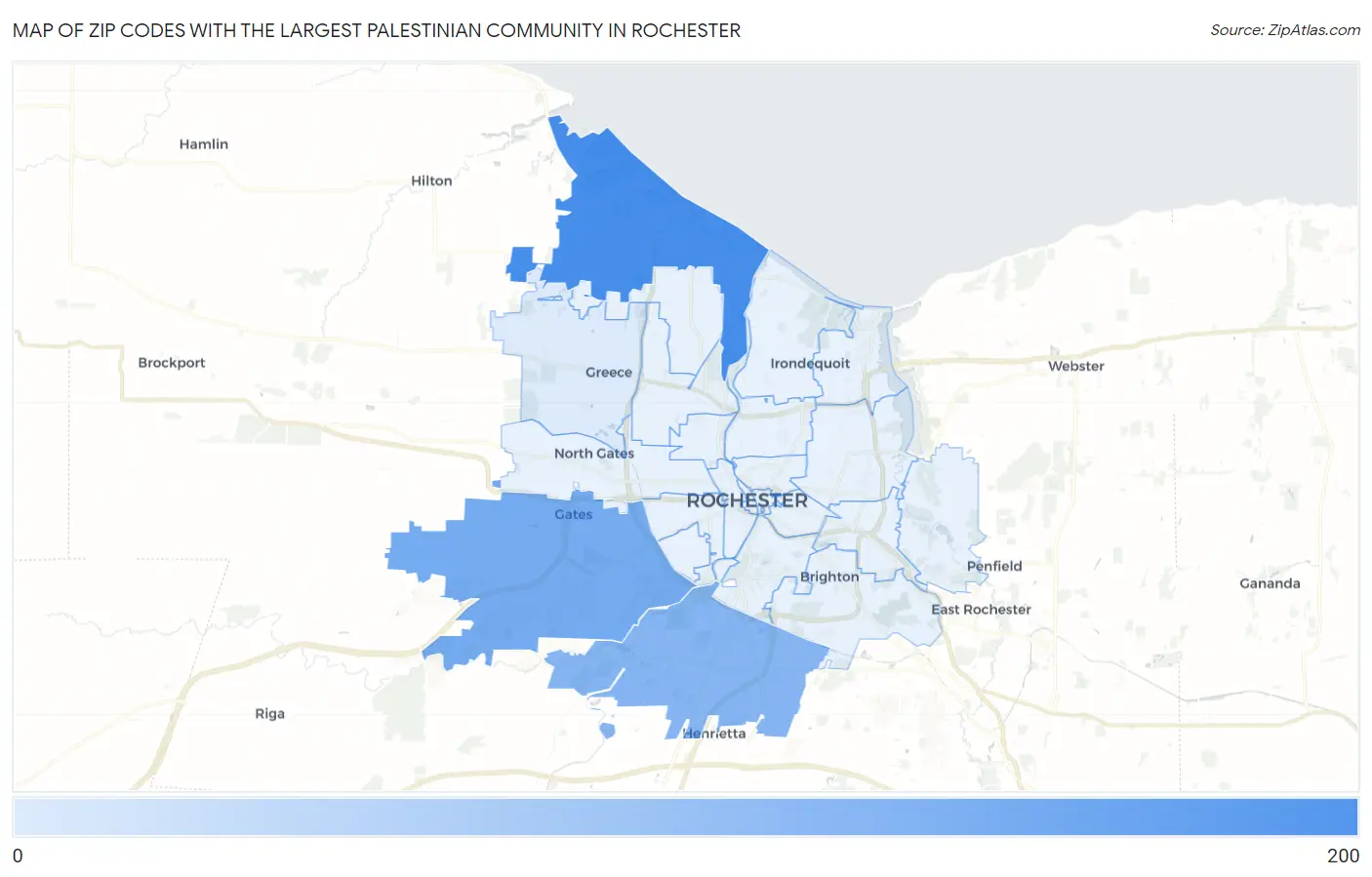 Zip Codes with the Largest Palestinian Community in Rochester Map