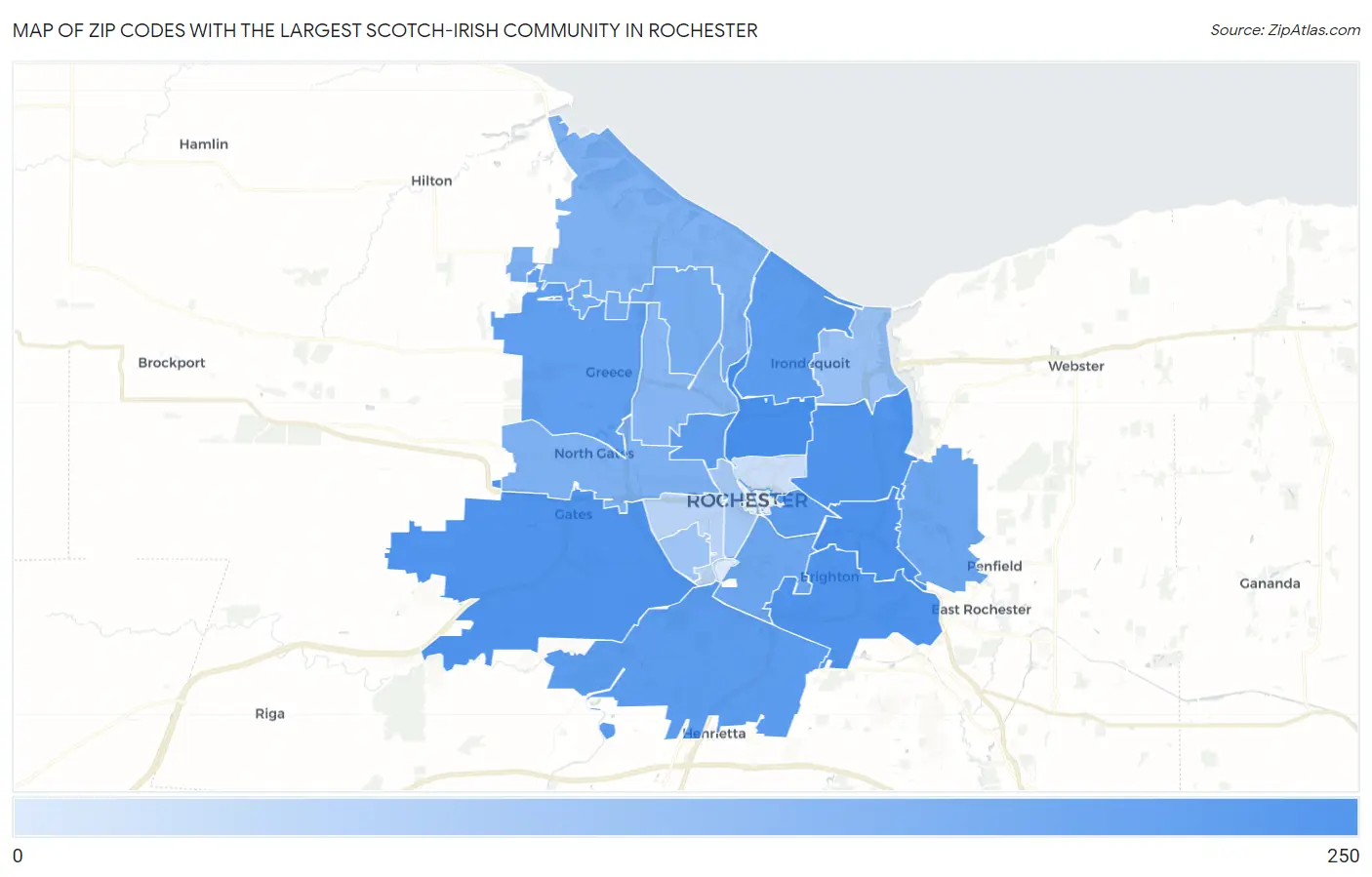 Zip Codes with the Largest Scotch-Irish Community in Rochester Map