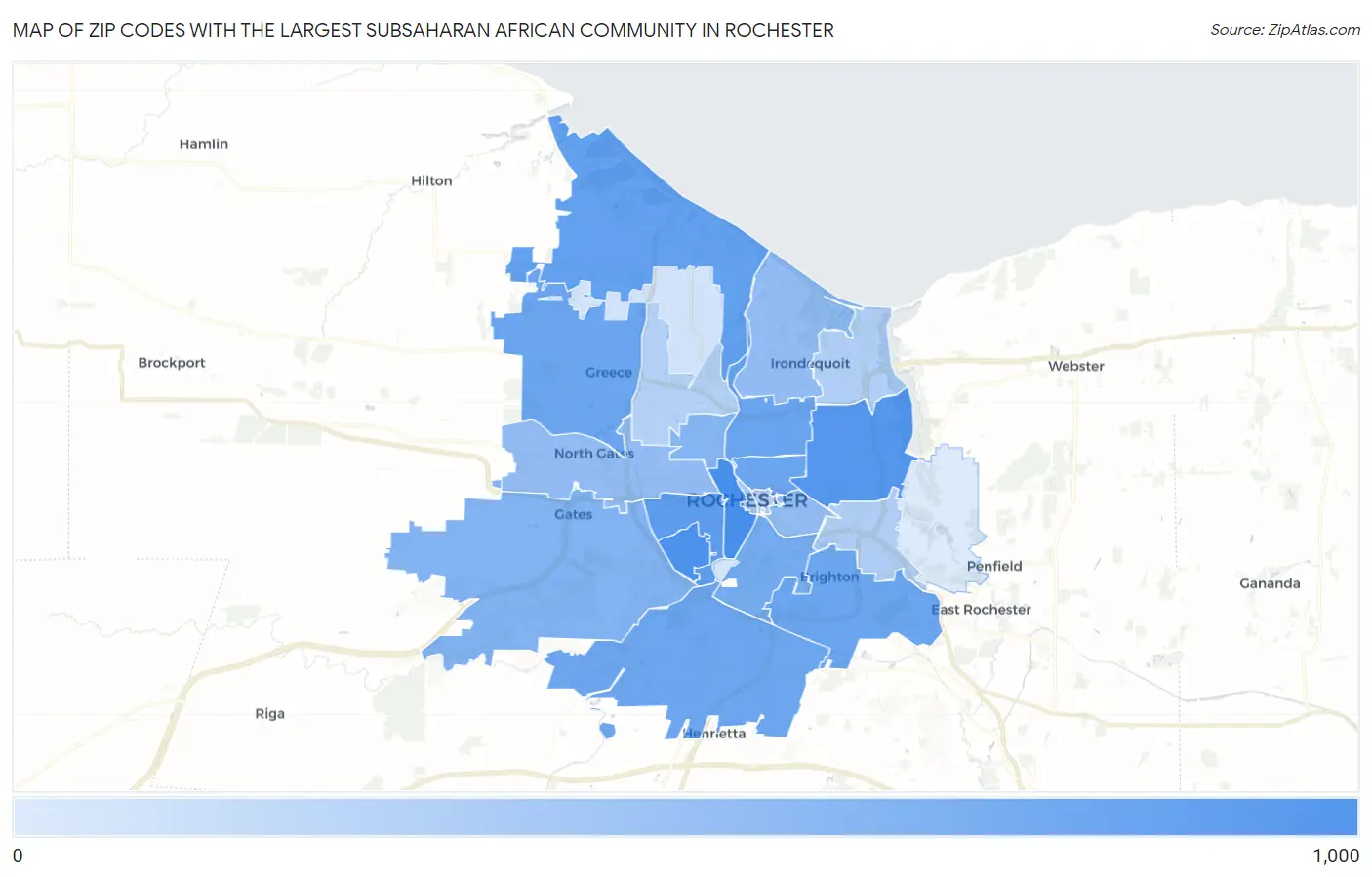 Zip Codes with the Largest Subsaharan African Community in Rochester Map