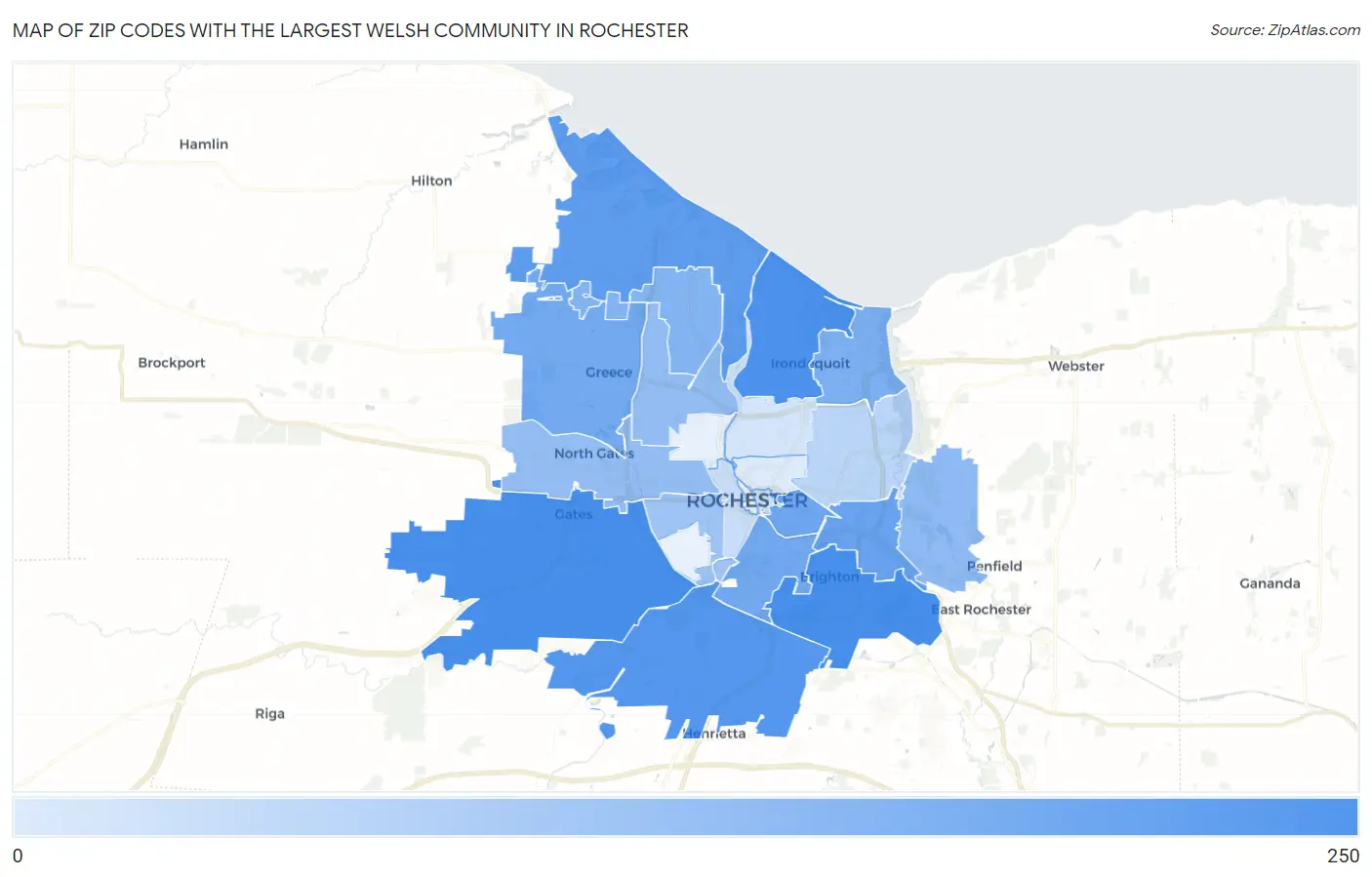 Zip Codes with the Largest Welsh Community in Rochester Map