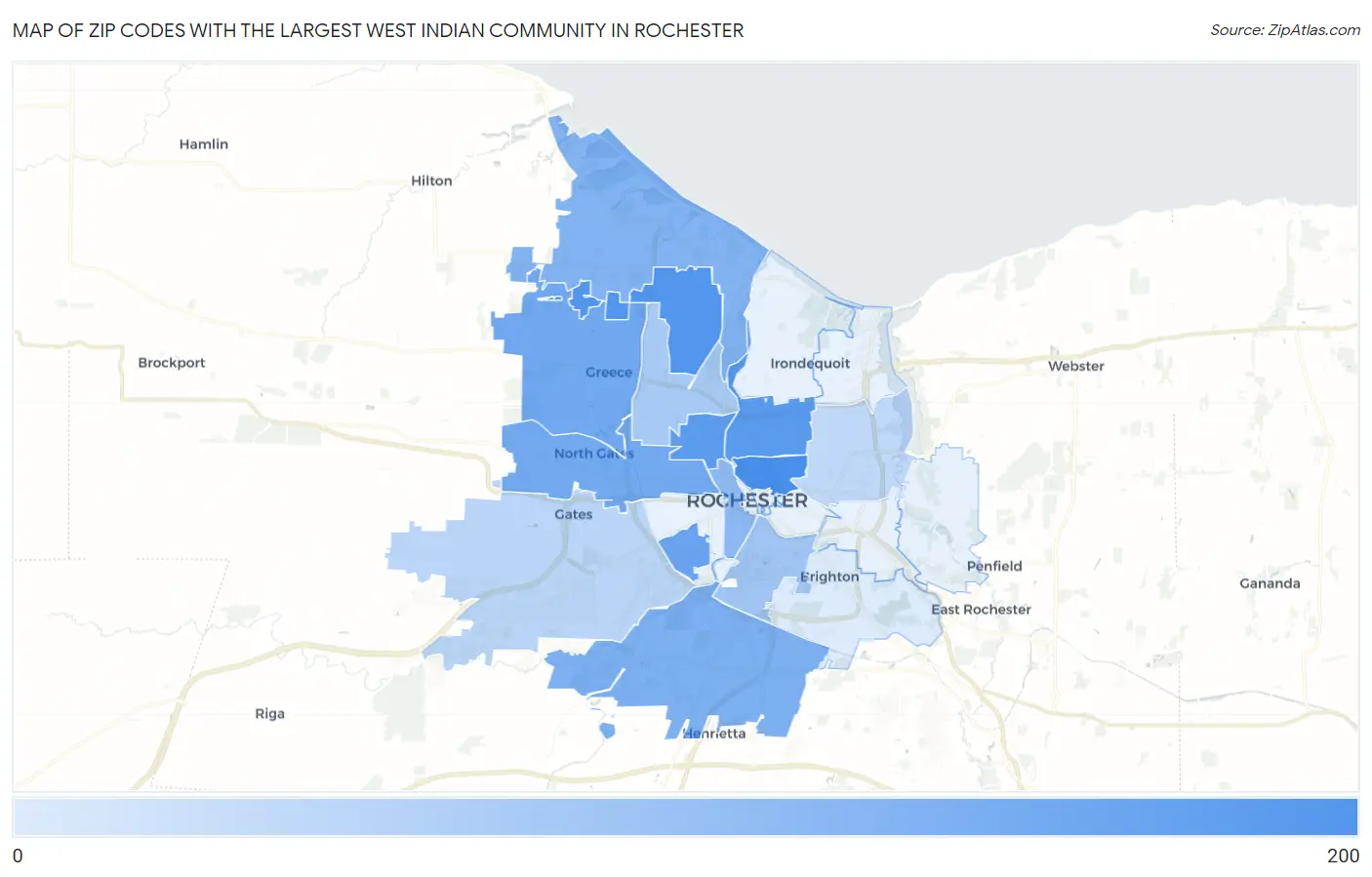 Zip Codes with the Largest West Indian Community in Rochester Map