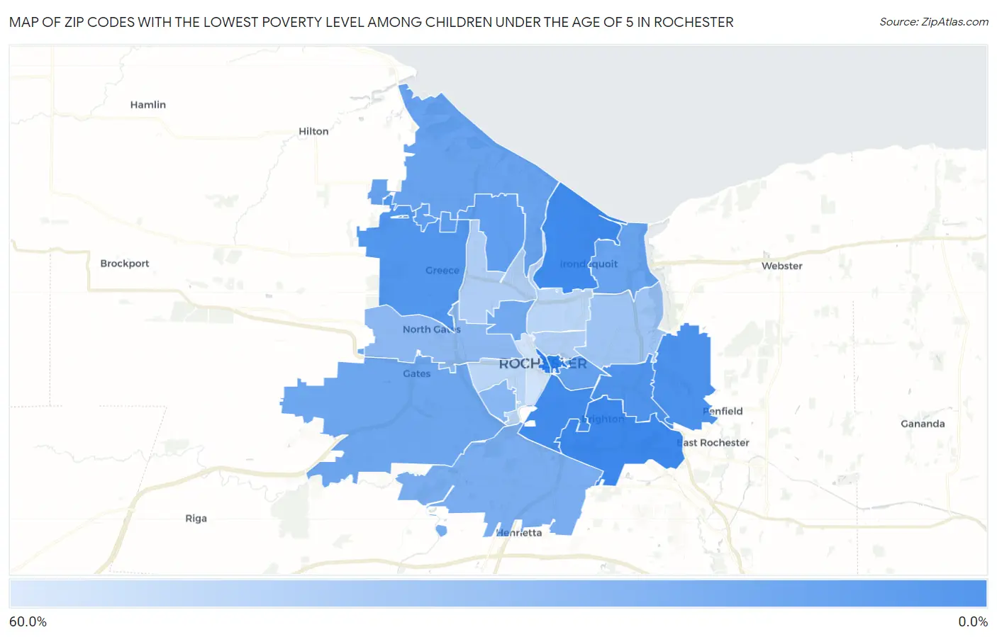 Zip Codes with the Lowest Poverty Level Among Children Under the Age of 5 in Rochester Map