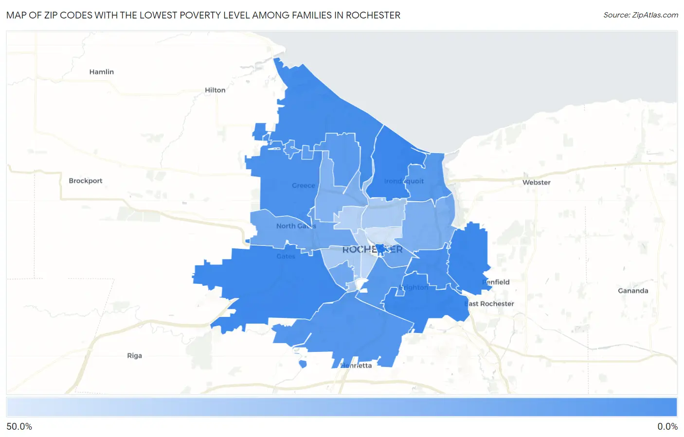 Zip Codes with the Lowest Poverty Level Among Families in Rochester Map