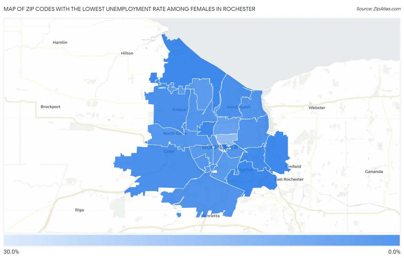 Zip Codes with the Lowest Unemployment Rate Among Females in Rochester Map