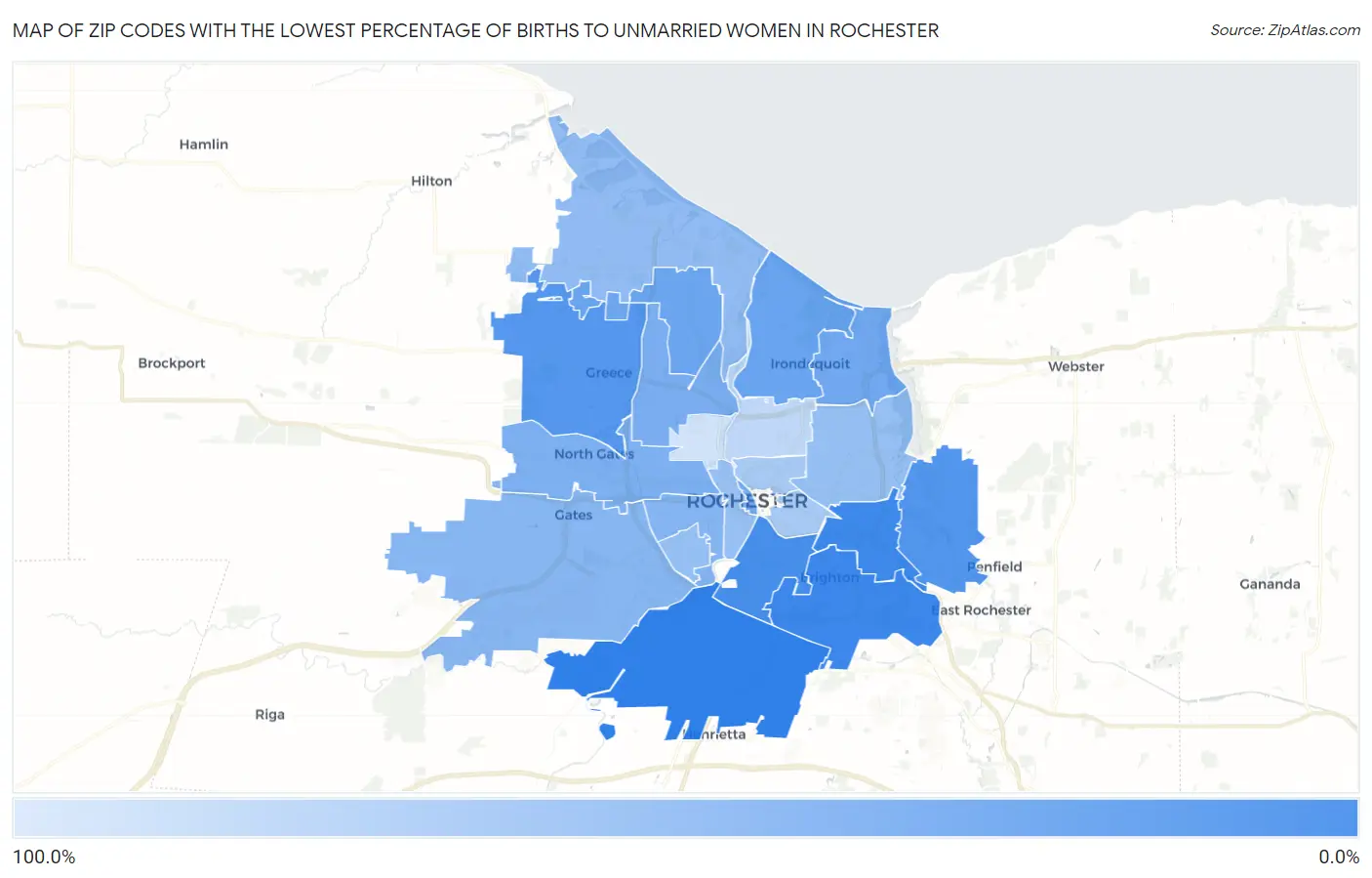Zip Codes with the Lowest Percentage of Births to Unmarried Women in Rochester Map