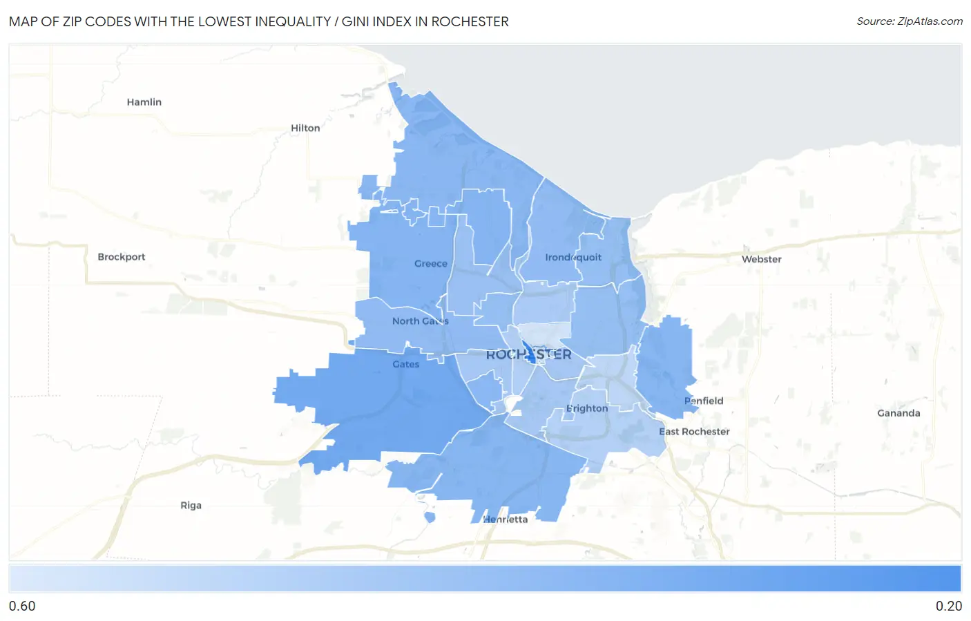 Zip Codes with the Lowest Inequality / Gini Index in Rochester Map