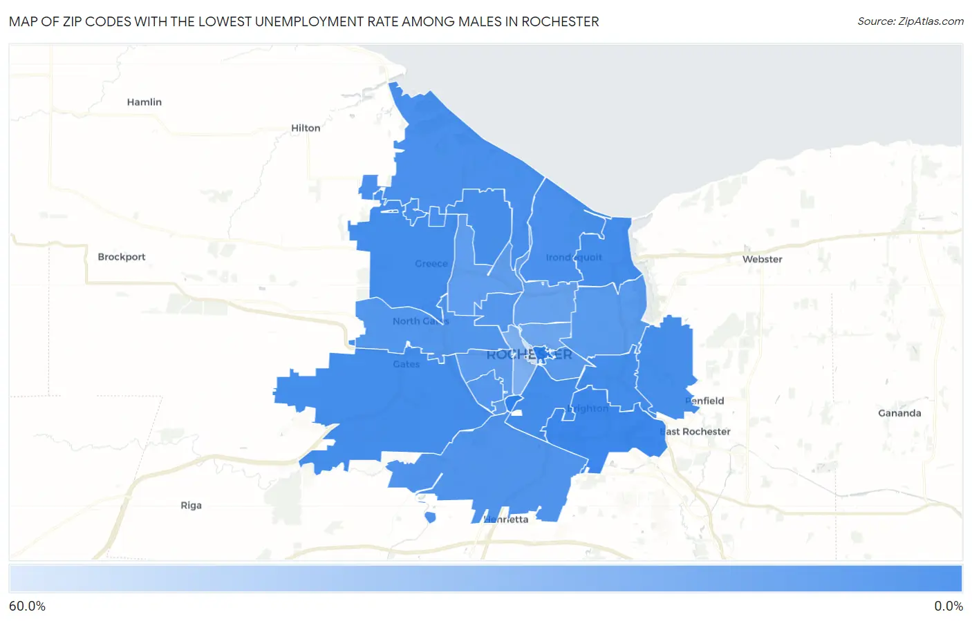 Zip Codes with the Lowest Unemployment Rate Among Males in Rochester Map