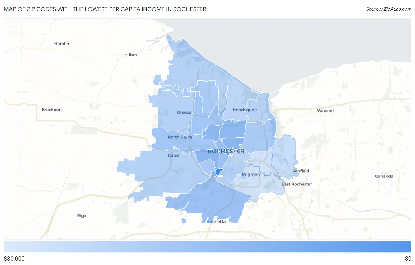 Zip Codes with the Lowest Per Capita Income in Rochester Map