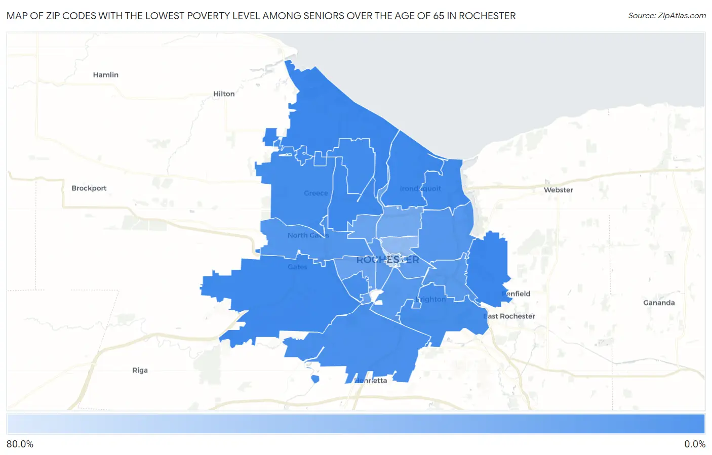 Zip Codes with the Lowest Poverty Level Among Seniors Over the Age of 65 in Rochester Map