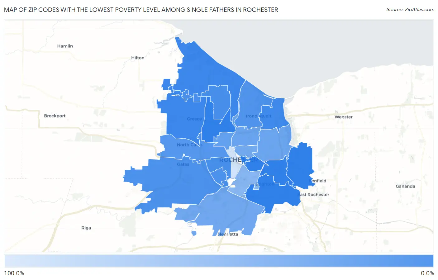 Zip Codes with the Lowest Poverty Level Among Single Fathers in Rochester Map