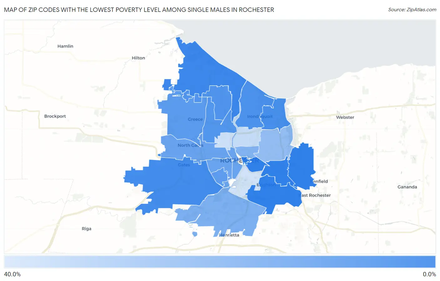 Zip Codes with the Lowest Poverty Level Among Single Males in Rochester Map
