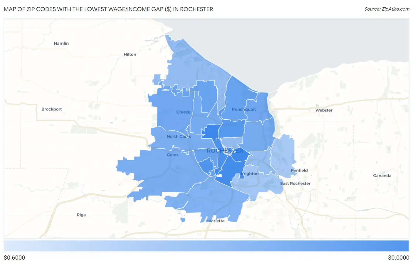 Zip Codes with the Lowest Wage/Income Gap ($) in Rochester Map