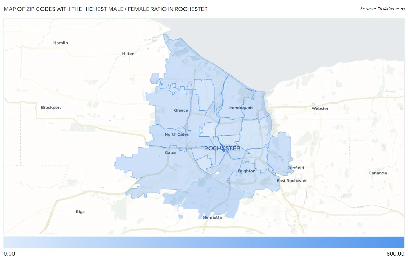 Zip Codes with the Highest Male / Female Ratio in Rochester Map