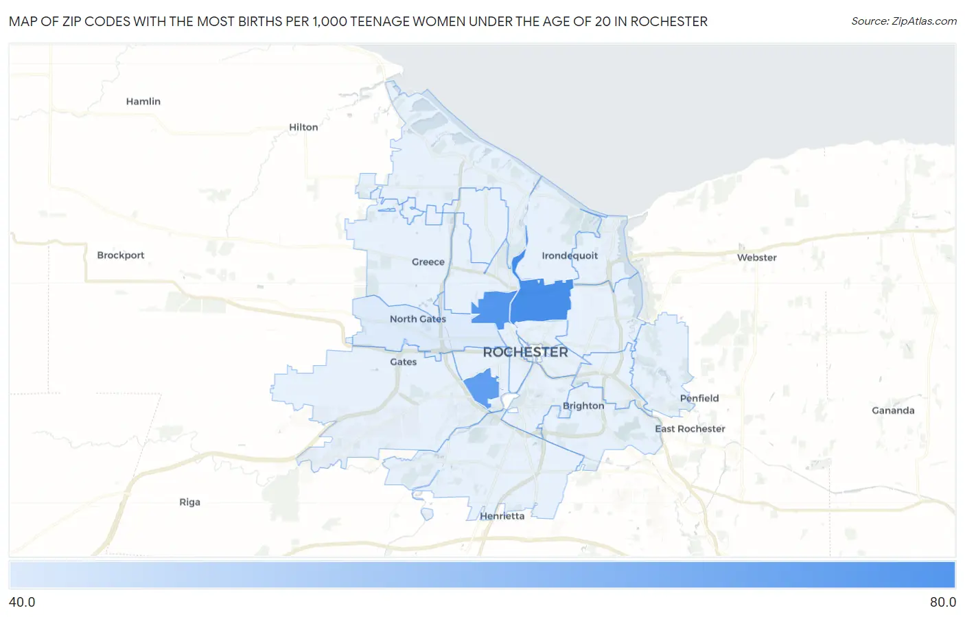 Zip Codes with the Most Births per 1,000 Teenage Women Under the Age of 20 in Rochester Map