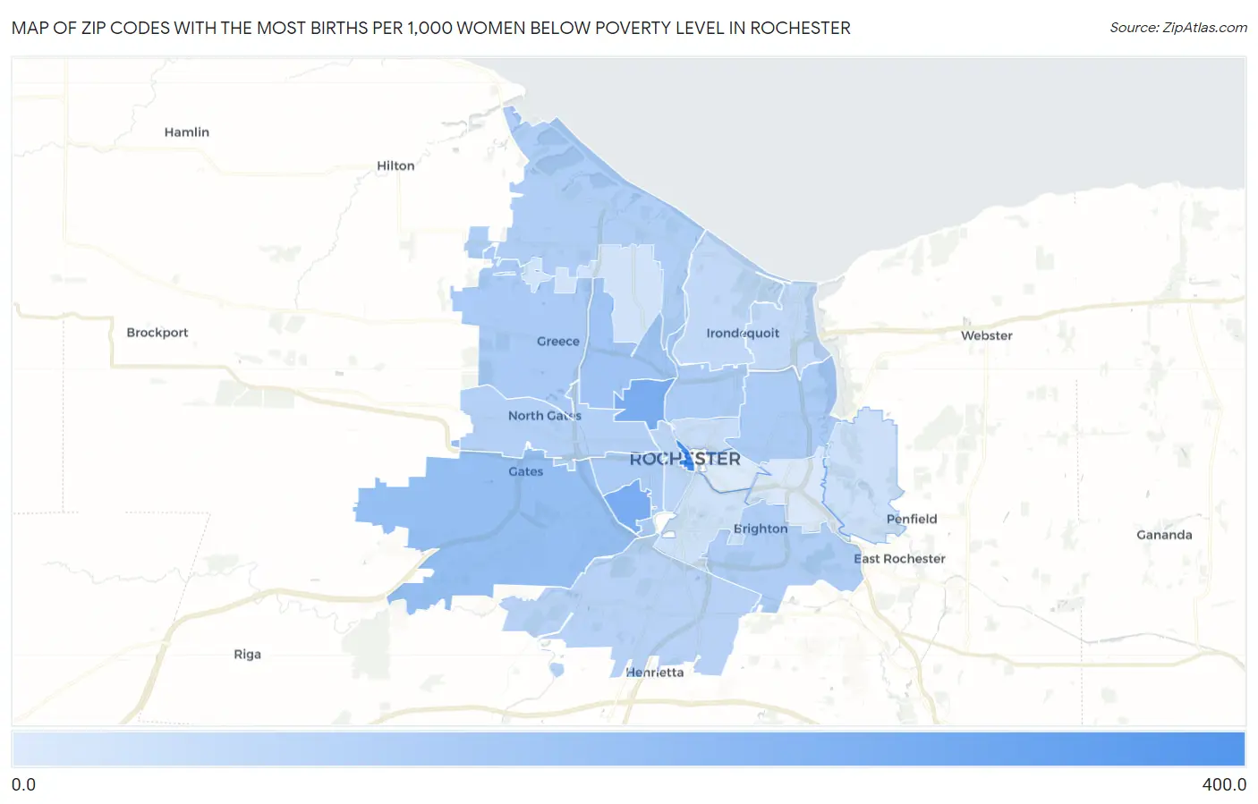 Zip Codes with the Most Births per 1,000 Women Below Poverty Level in Rochester Map