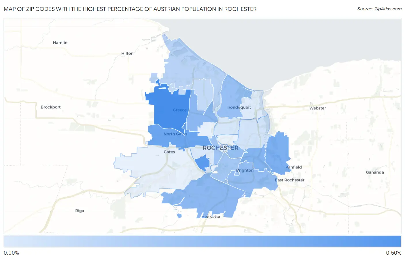 Zip Codes with the Highest Percentage of Austrian Population in Rochester Map