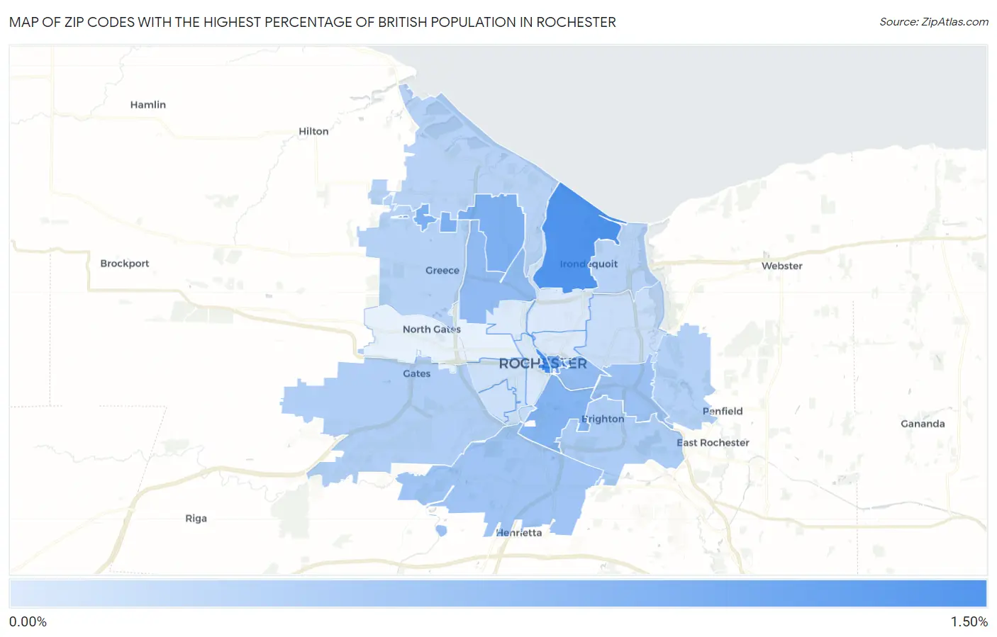 Zip Codes with the Highest Percentage of British Population in Rochester Map
