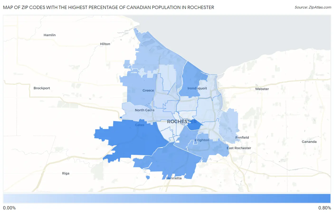 Zip Codes with the Highest Percentage of Canadian Population in Rochester Map