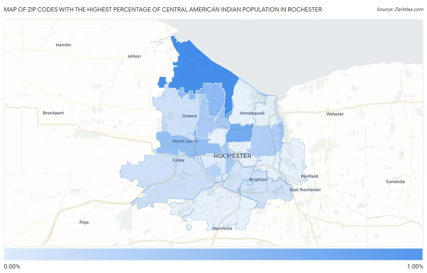 Zip Codes with the Highest Percentage of Central American Indian Population in Rochester Map