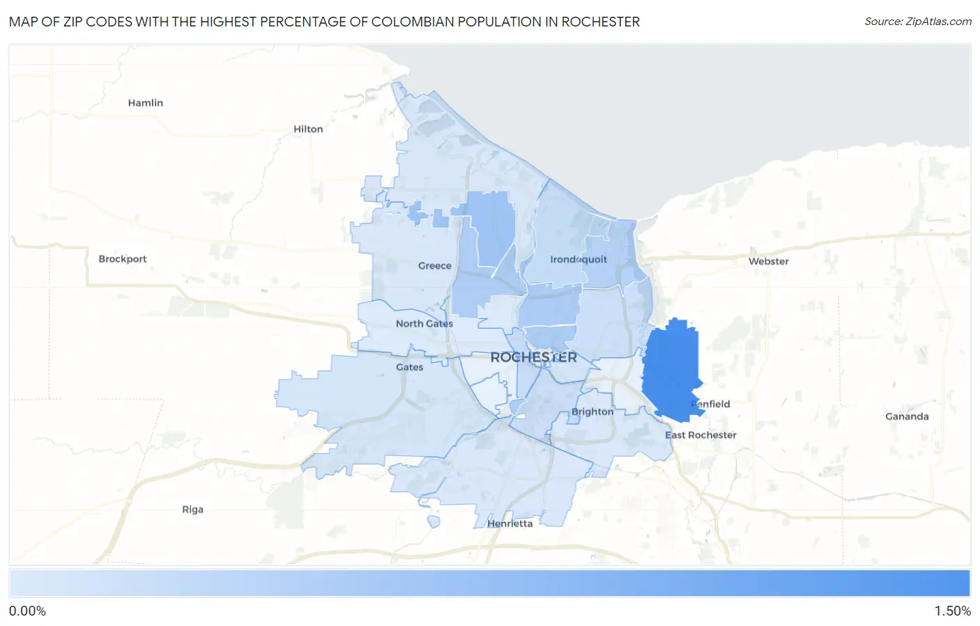 Zip Codes with the Highest Percentage of Colombian Population in Rochester Map