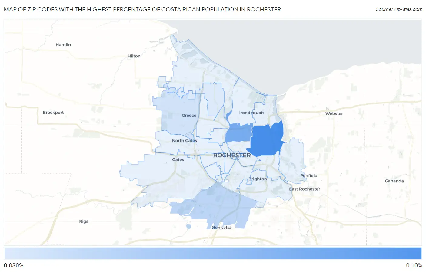 Zip Codes with the Highest Percentage of Costa Rican Population in Rochester Map