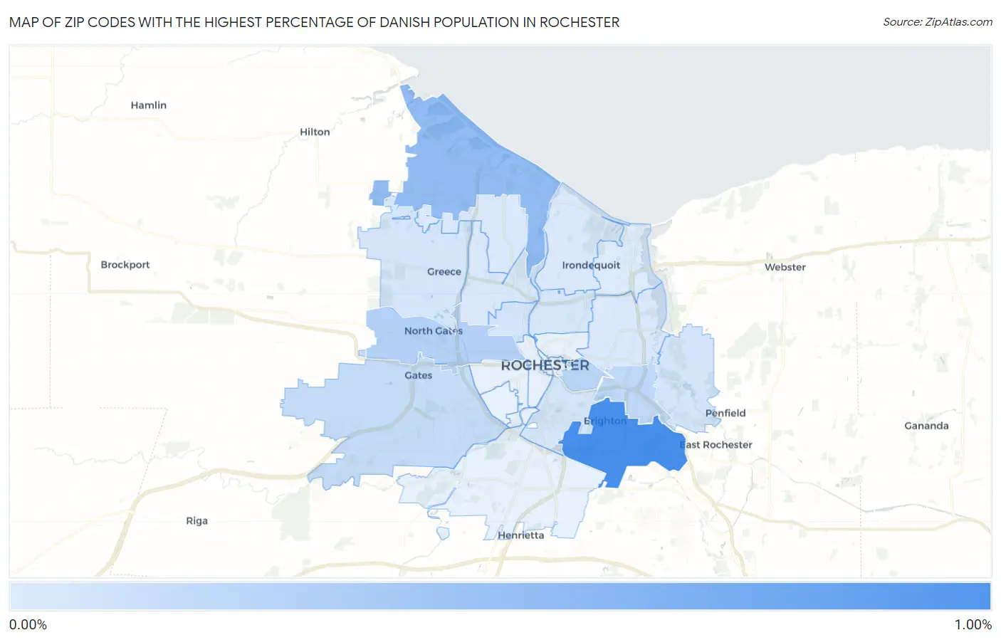 Zip Codes with the Highest Percentage of Danish Population in Rochester Map