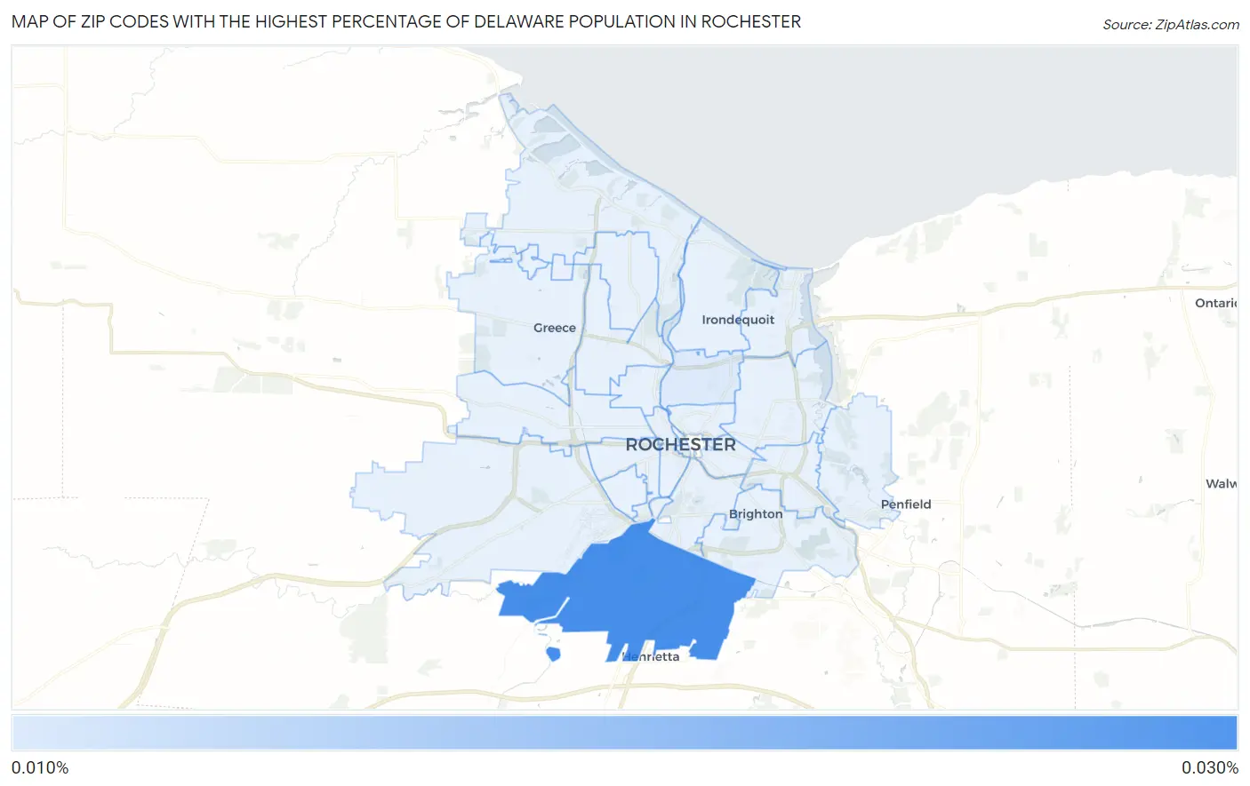 Zip Codes with the Highest Percentage of Delaware Population in Rochester Map