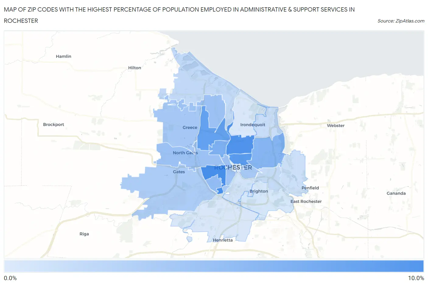 Zip Codes with the Highest Percentage of Population Employed in Administrative & Support Services in Rochester Map