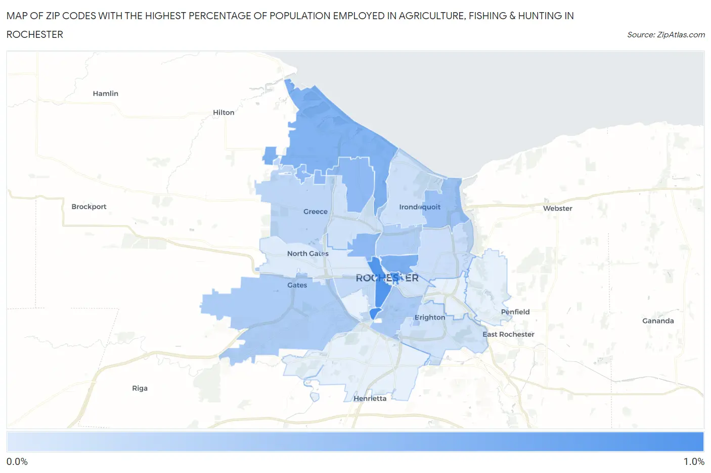 Zip Codes with the Highest Percentage of Population Employed in Agriculture, Fishing & Hunting in Rochester Map