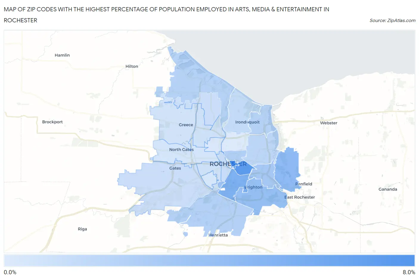 Zip Codes with the Highest Percentage of Population Employed in Arts, Media & Entertainment in Rochester Map