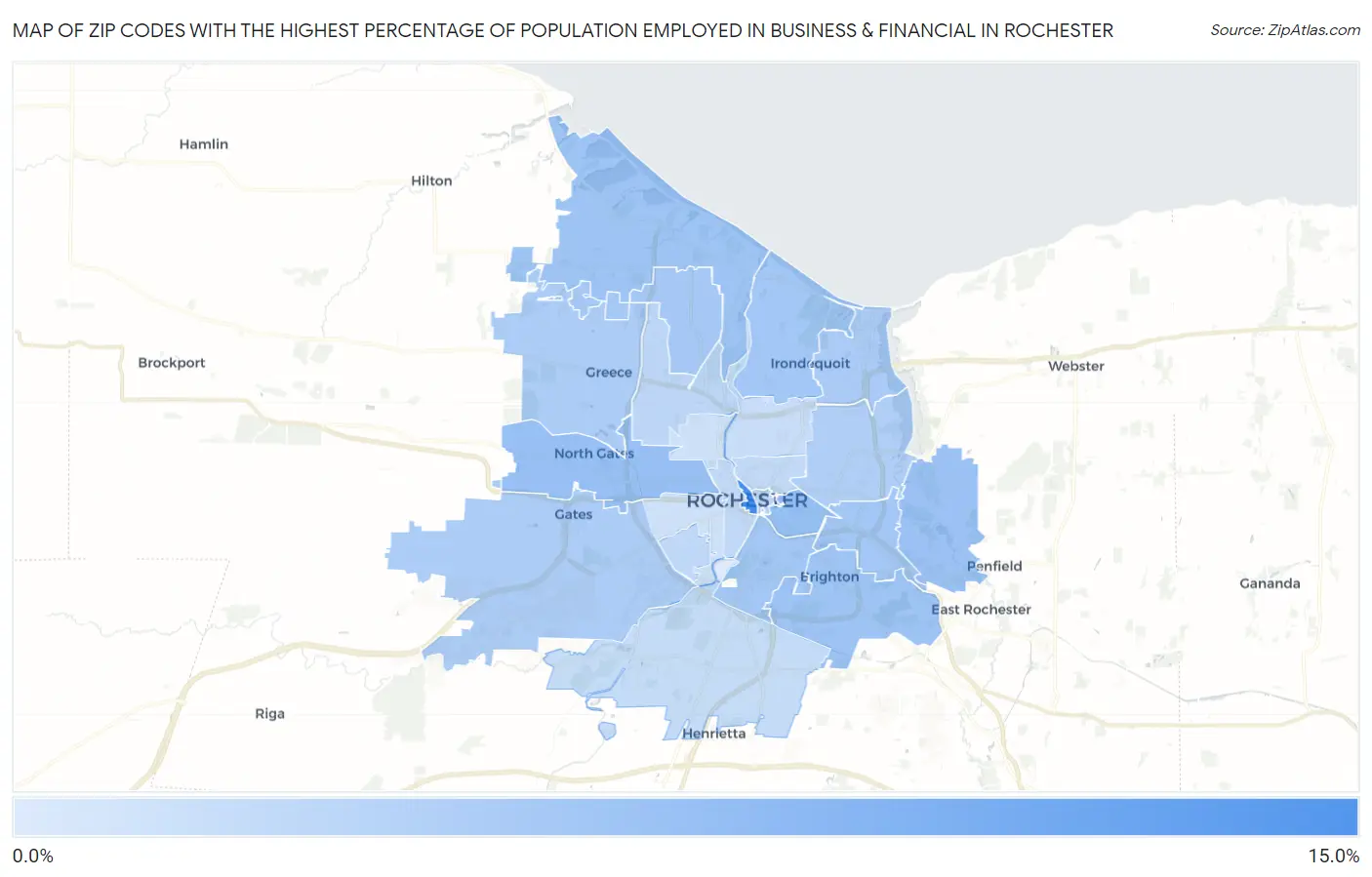 Zip Codes with the Highest Percentage of Population Employed in Business & Financial in Rochester Map